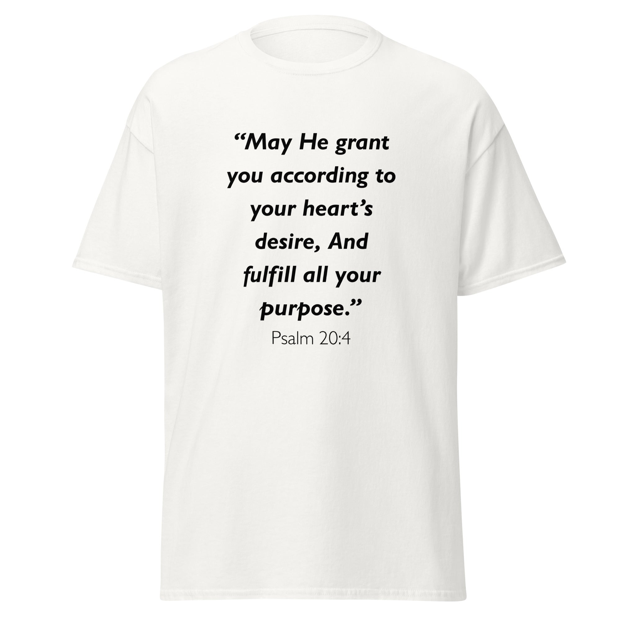 Unisex heather gray t-shirt with Psalm 20:4 Bible verse printed across the chest
