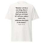 Unisex black t-shirt with Isaiah 43:19 Bible verse printed across the chest