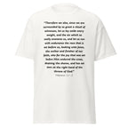 Unisex black t-shirt with Hebrews 12:1-2 Bible verse printed across the chest