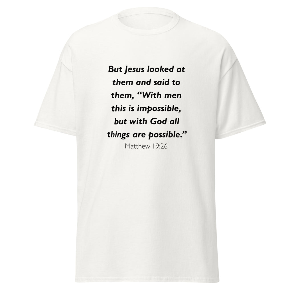 Unisex heather gray t-shirt with Matthew 19:26 Bible verse printed across the chest