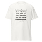 Unisex heather gray t-shirt with Matthew 19:26 Bible verse printed across the chest