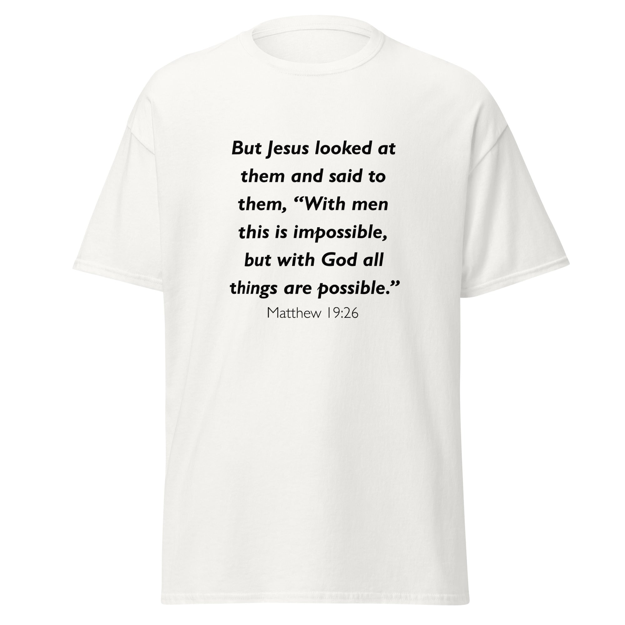 Unisex heather gray t-shirt with Matthew 19:26 Bible verse printed across the chest