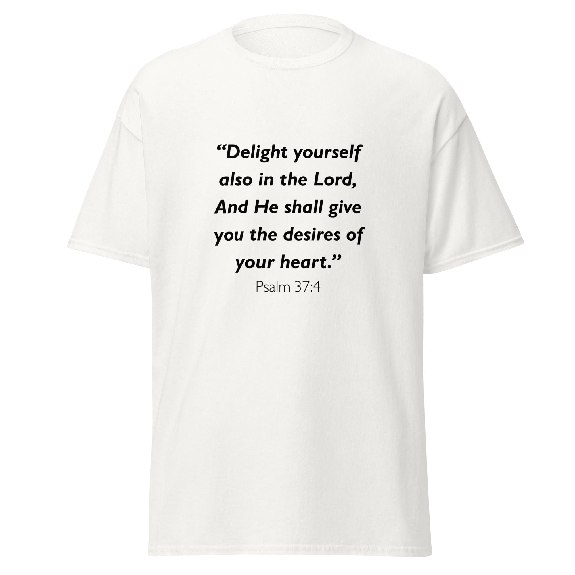 Unisex black t-shirt with Psalm 37:4 Bible verse printed across the chest