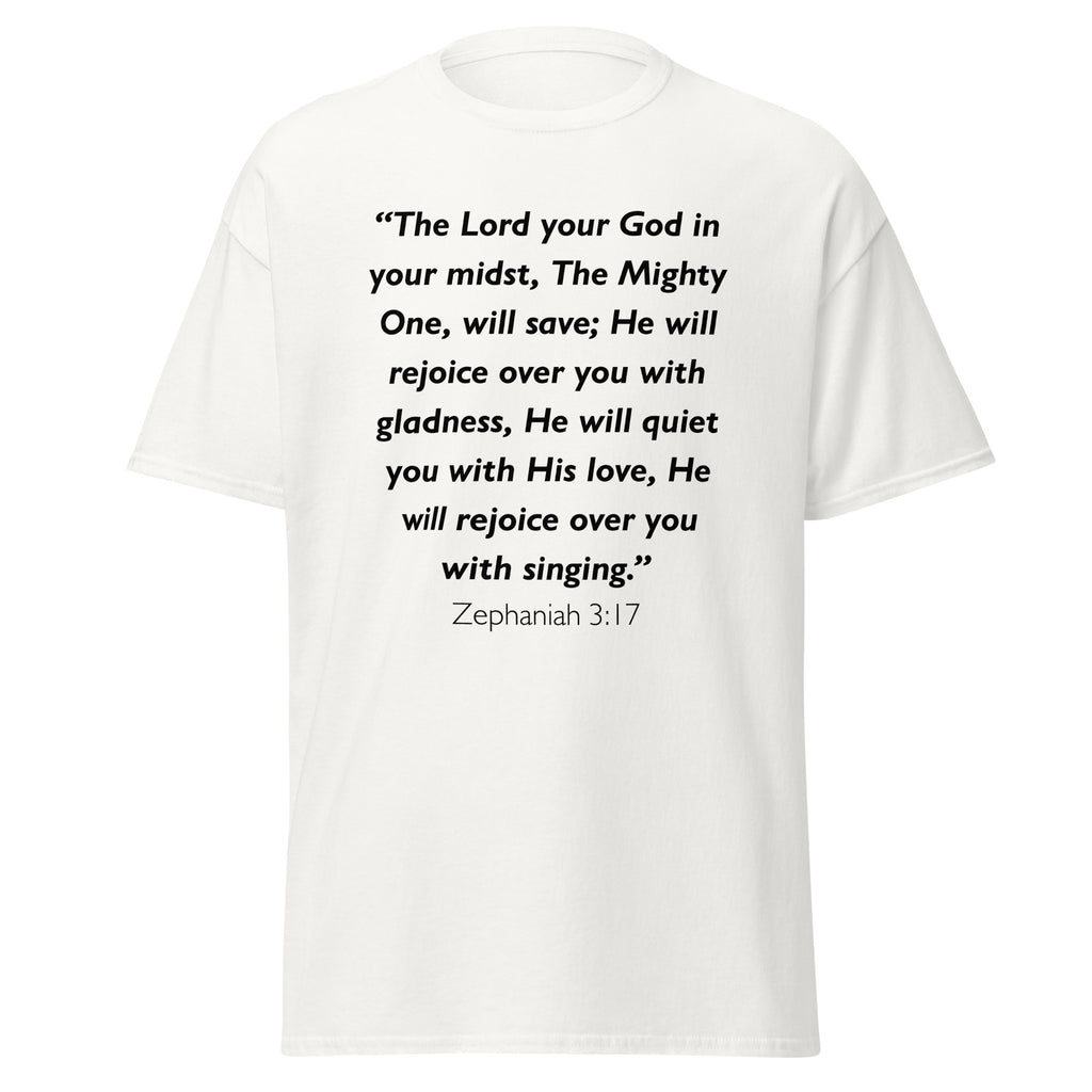 Unisex heather gray t-shirt with Zephaniah 3:17 Bible verse printed across the chest