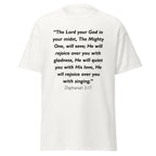 Unisex heather gray t-shirt with Zephaniah 3:17 Bible verse printed across the chest