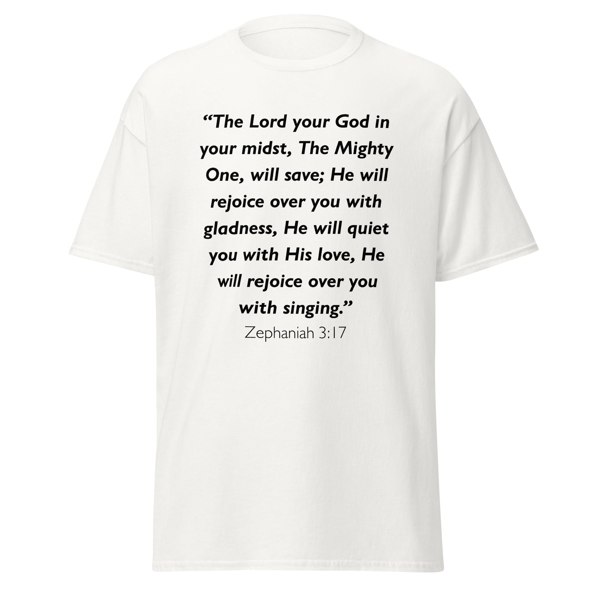 Unisex heather gray t-shirt with Zephaniah 3:17 Bible verse printed across the chest