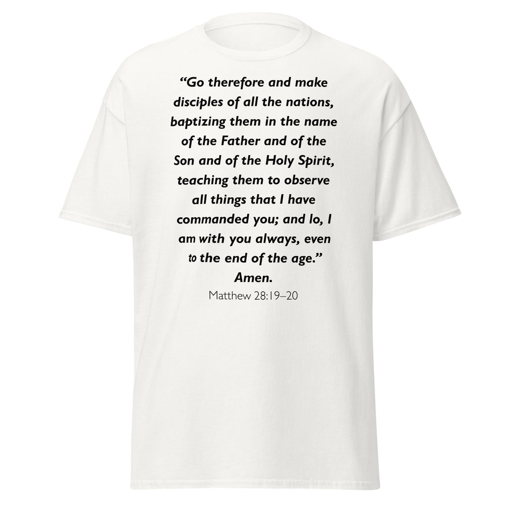 Unisex black t-shirt with Matthew 28:19-20 Bible verse printed across the chest