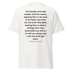 Unisex black t-shirt with Matthew 28:19-20 Bible verse printed across the chest
