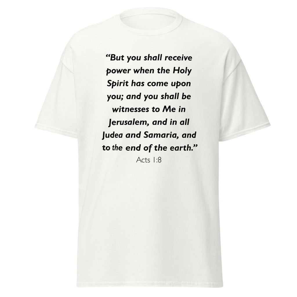 Unisex black t-shirt with Acts 1:8 Bible verse printed across the chest