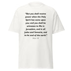 Unisex black t-shirt with Acts 1:8 Bible verse printed across the chest