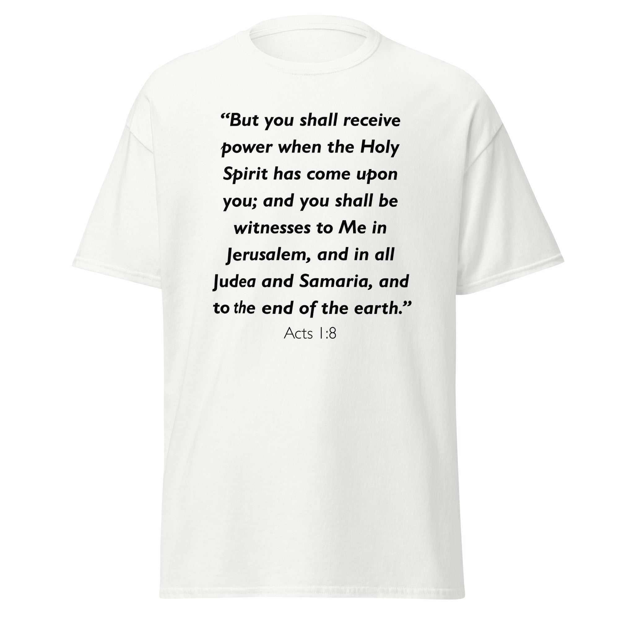 Unisex black t-shirt with Acts 1:8 Bible verse printed across the chest