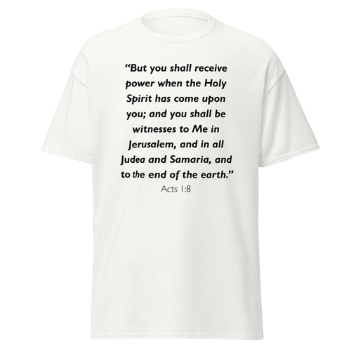 Unisex black t-shirt with Acts 1:8 Bible verse printed across the chest
