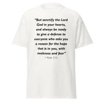 Unisex black t-shirt with 1 Peter 3:15 Bible verse printed across the chest