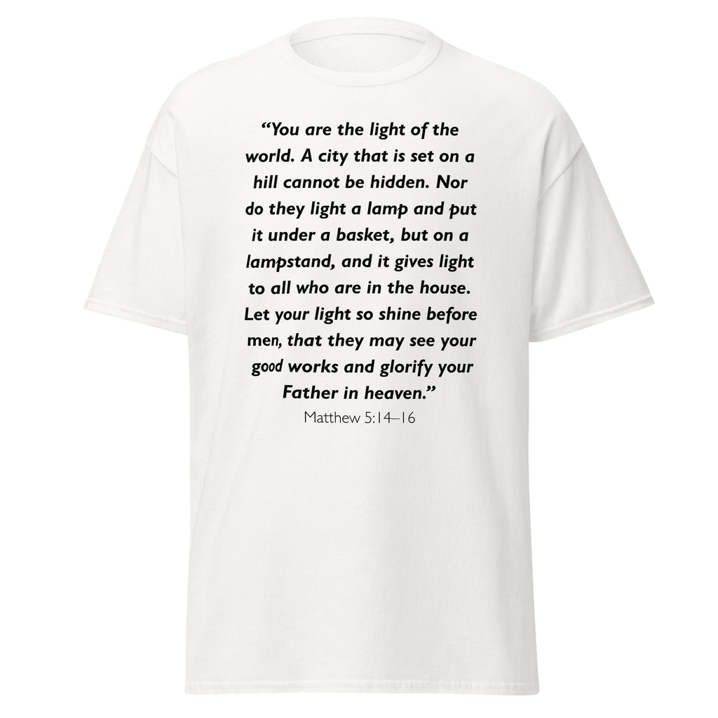Unisex black t-shirt with Matthew 5:14-16 Bible verse printed across the chest