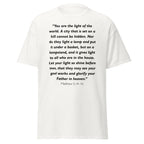 Unisex black t-shirt with Matthew 5:14-16 Bible verse printed across the chest