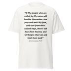 Unisex black t-shirt with 2 Chronicles 7:14 Bible verse printed across the chest