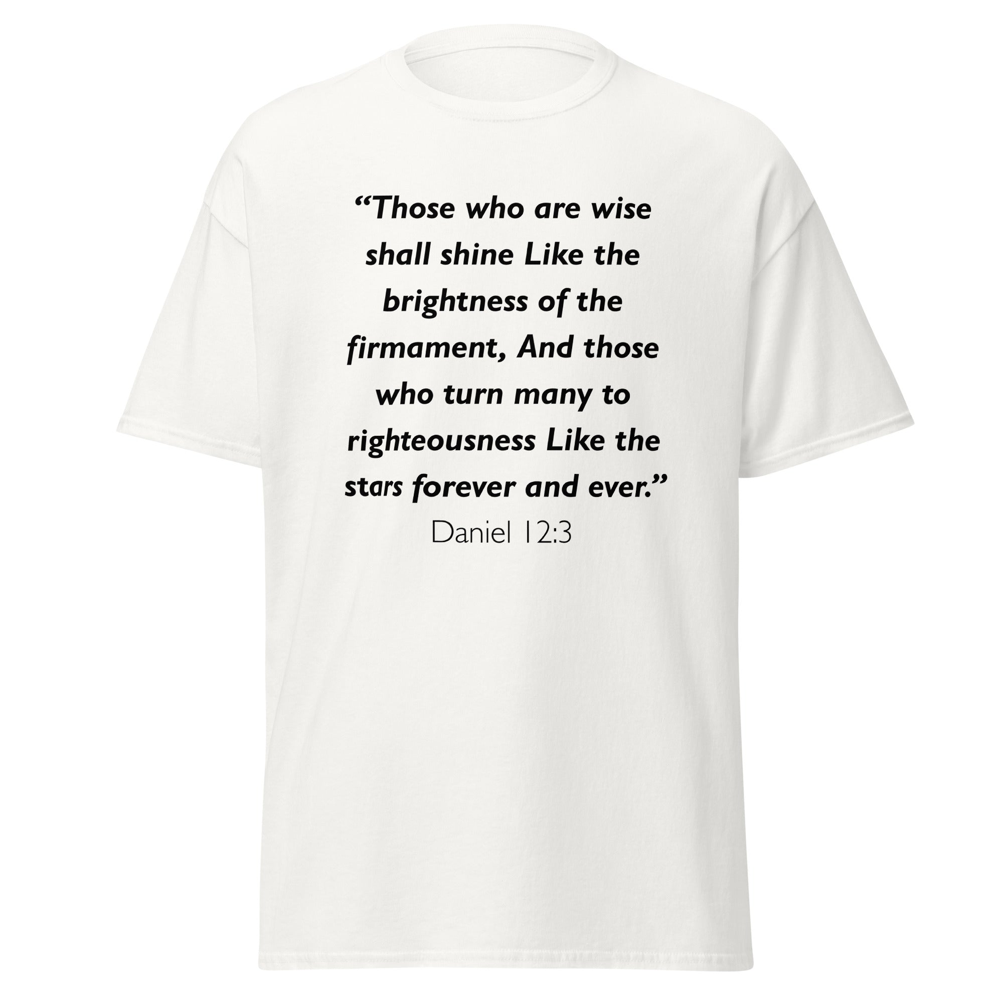 Unisex black t-shirt with Daniel 12:3 Bible verse printed across the chest