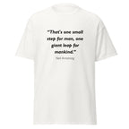 Unisex black t-shirt featuring Neil Armstrong Small Step quote typography printed across the front chest