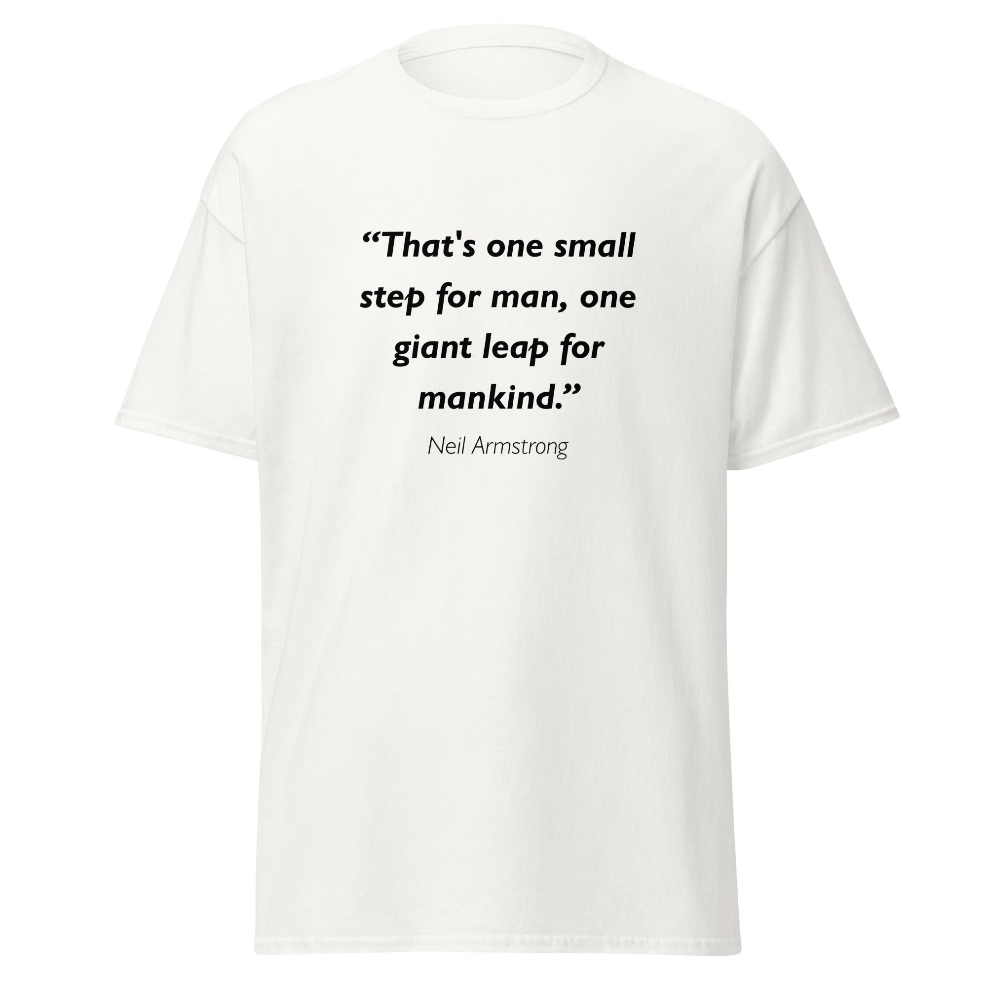 Unisex black t-shirt featuring Neil Armstrong Small Step quote typography printed across the front chest