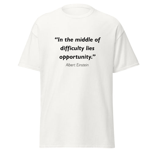 Unisex heather gray t-shirt featuring Albert Einstein Difficulty Opportunity quote typography printed across the front chest
