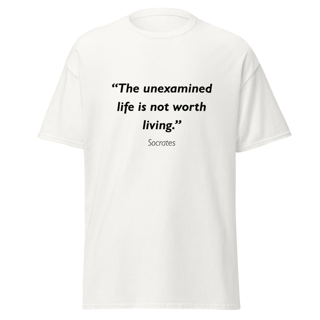 Unisex black t-shirt featuring Socrates Unexamined Life quote typography printed across the front chest