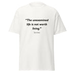 Unisex black t-shirt featuring Socrates Unexamined Life quote typography printed across the front chest