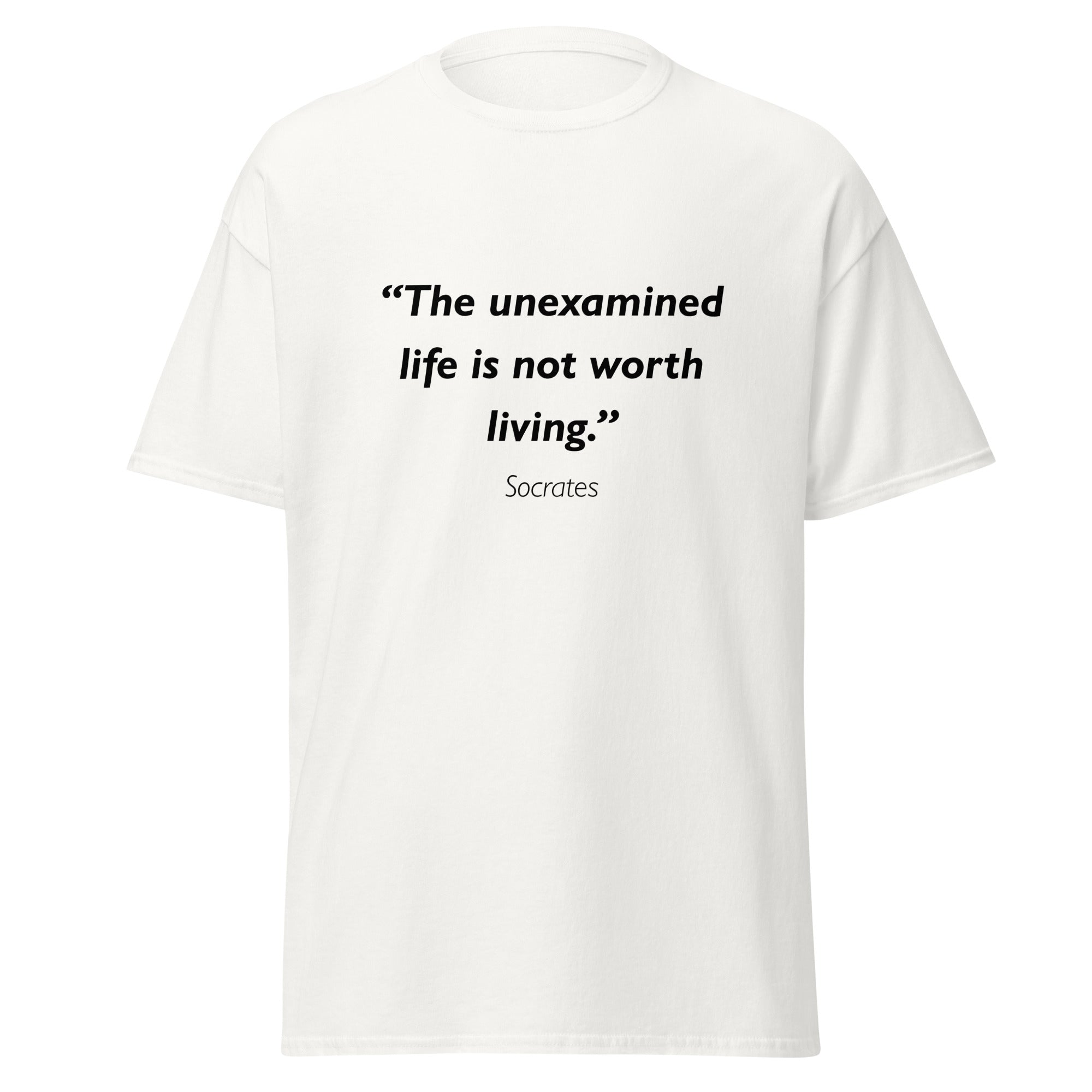 Unisex black t-shirt featuring Socrates Unexamined Life quote typography printed across the front chest