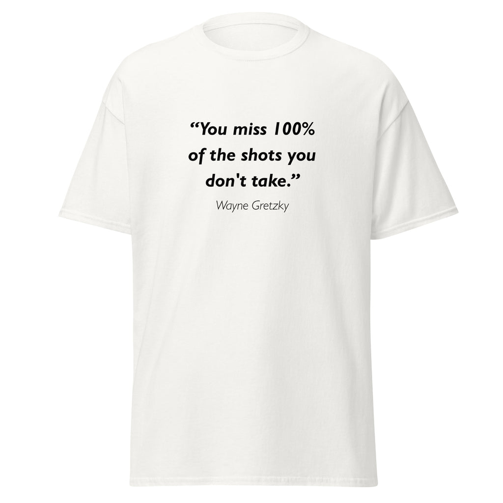 Unisex black t-shirt featuring Wayne Gretzky Shots quote typography printed across the front chest