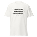 Unisex black t-shirt featuring Albert Einstein Imagination Knowledge quote typography printed across the front chest