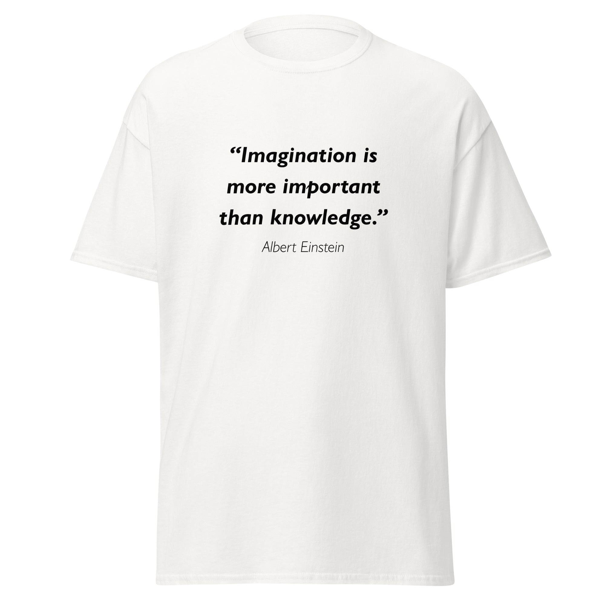 Unisex black t-shirt featuring Albert Einstein Imagination Knowledge quote typography printed across the front chest
