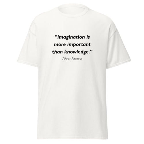 Unisex black t-shirt featuring Albert Einstein Imagination Knowledge quote typography printed across the front chest
