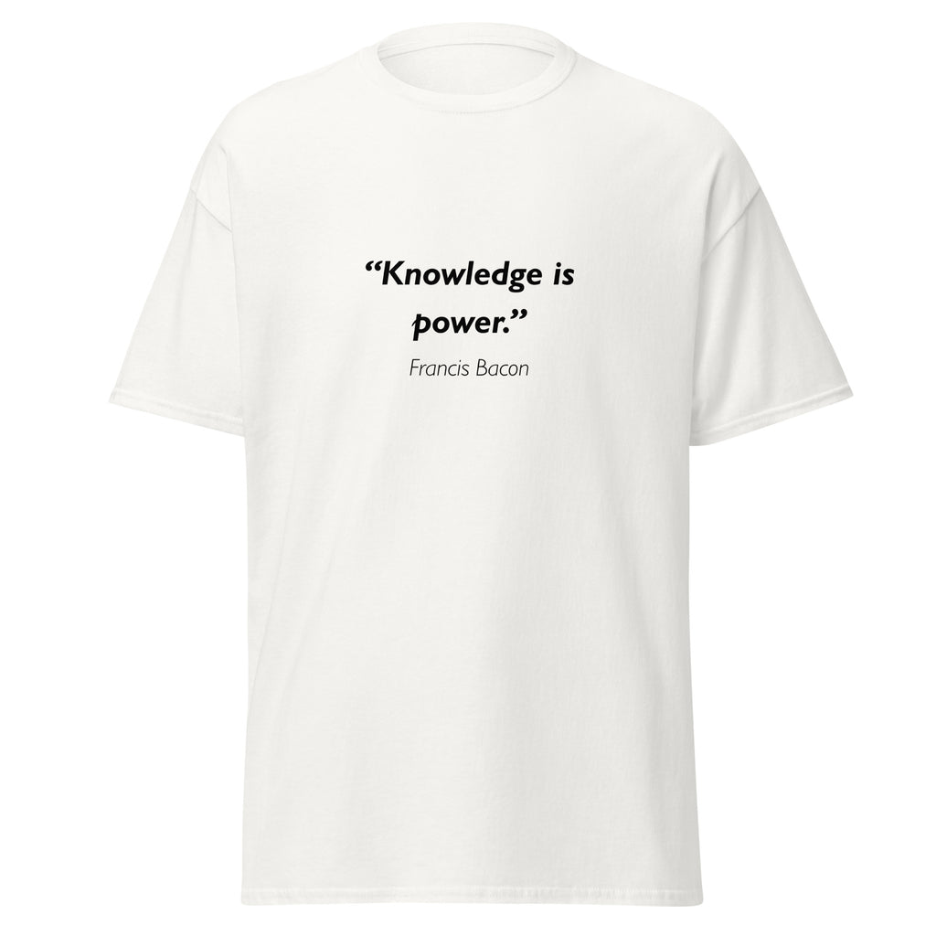 Unisex heather gray t-shirt featuring Francis Bacon Knowledge Power quote typography printed across the front chest
