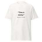 Unisex heather gray t-shirt featuring Benjamin Franklin Time is Money quote typography printed across the front chest