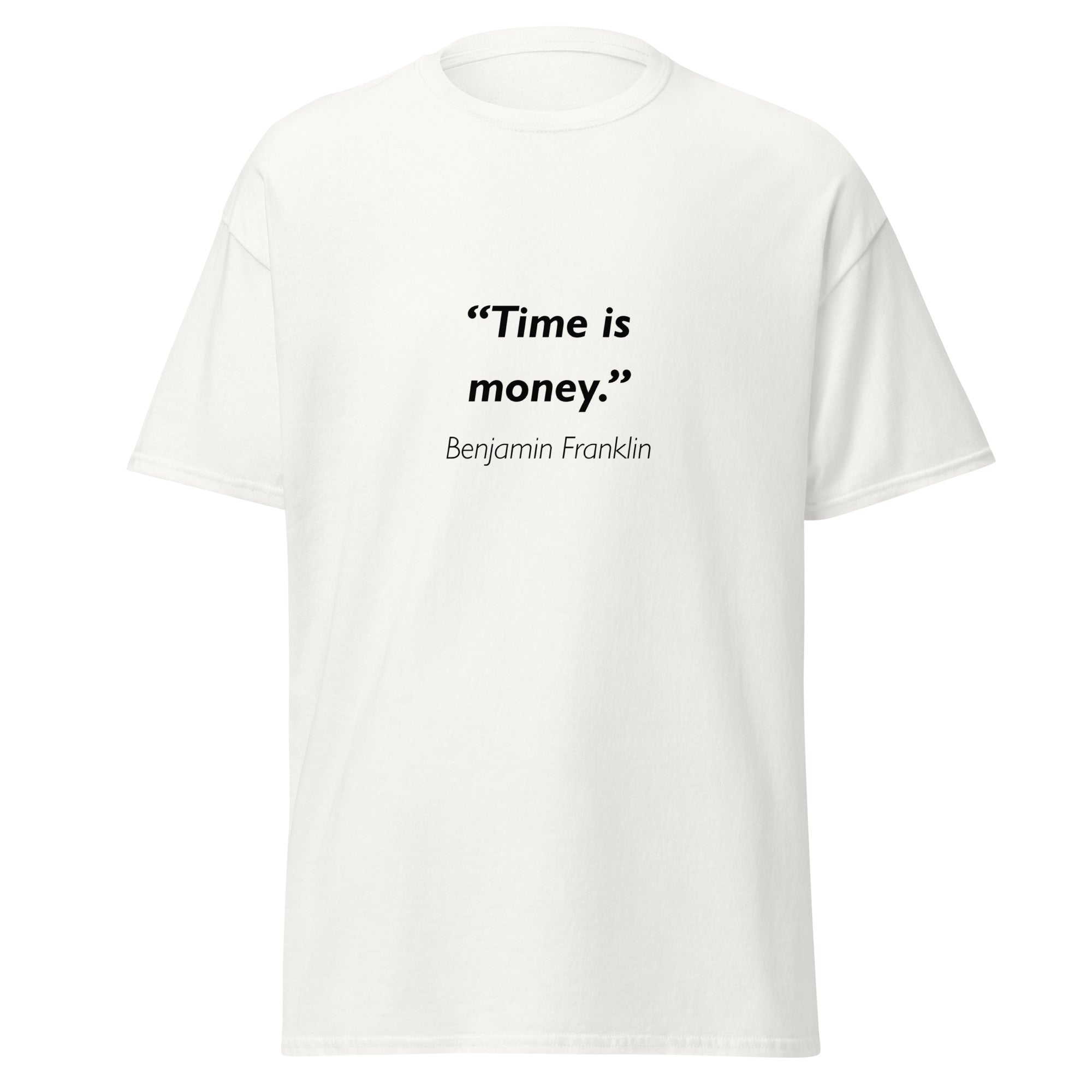 Unisex heather gray t-shirt featuring Benjamin Franklin Time is Money quote typography printed across the front chest
