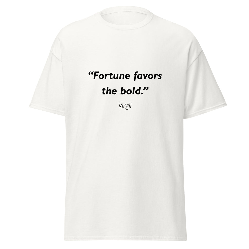 Unisex heather gray t-shirt featuring Virgil Fortune Bold quote typography printed across the front chest