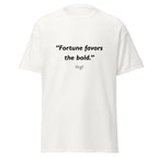 Unisex heather gray t-shirt featuring Virgil Fortune Bold quote typography printed across the front chest