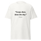 Unisex black t-shirt featuring Horace Carpe Diem quote typography printed across the front chest