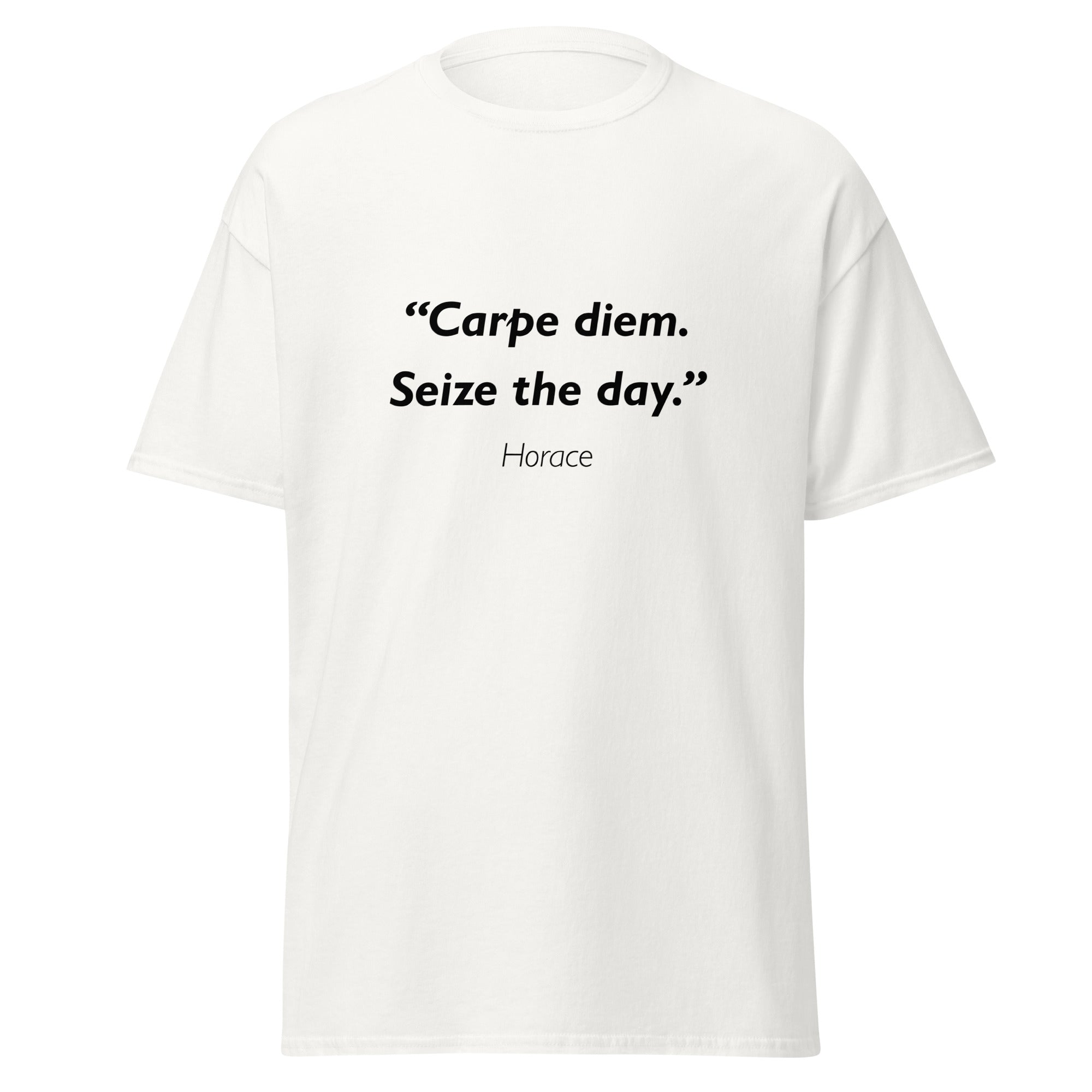 Unisex black t-shirt featuring Horace Carpe Diem quote typography printed across the front chest