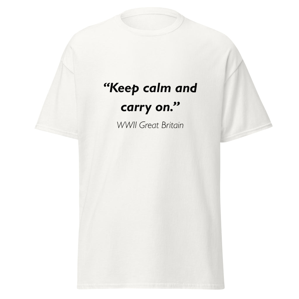 Unisex black t-shirt featuring vintage Keep Calm poster artwork printed across the front