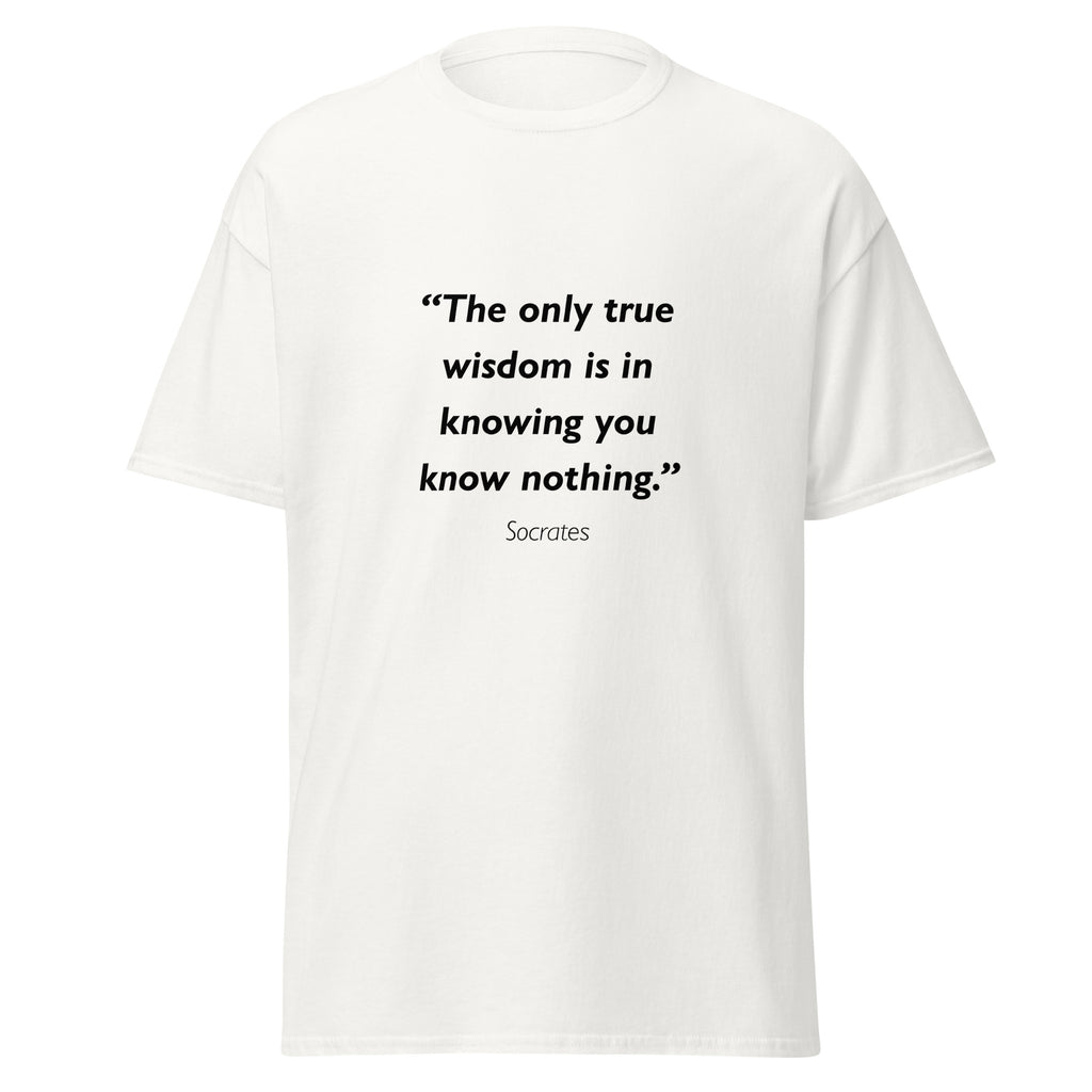 Unisex black t-shirt featuring Socrates True Wisdom quote typography printed across the front chest