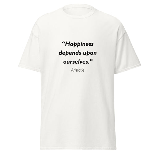 Unisex heather gray t-shirt featuring Aristotle Happiness quote typography printed across the front chest