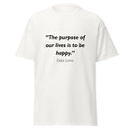 Unisex heather gray t-shirt featuring Dalai Lama Purpose quote typography printed across the front chest