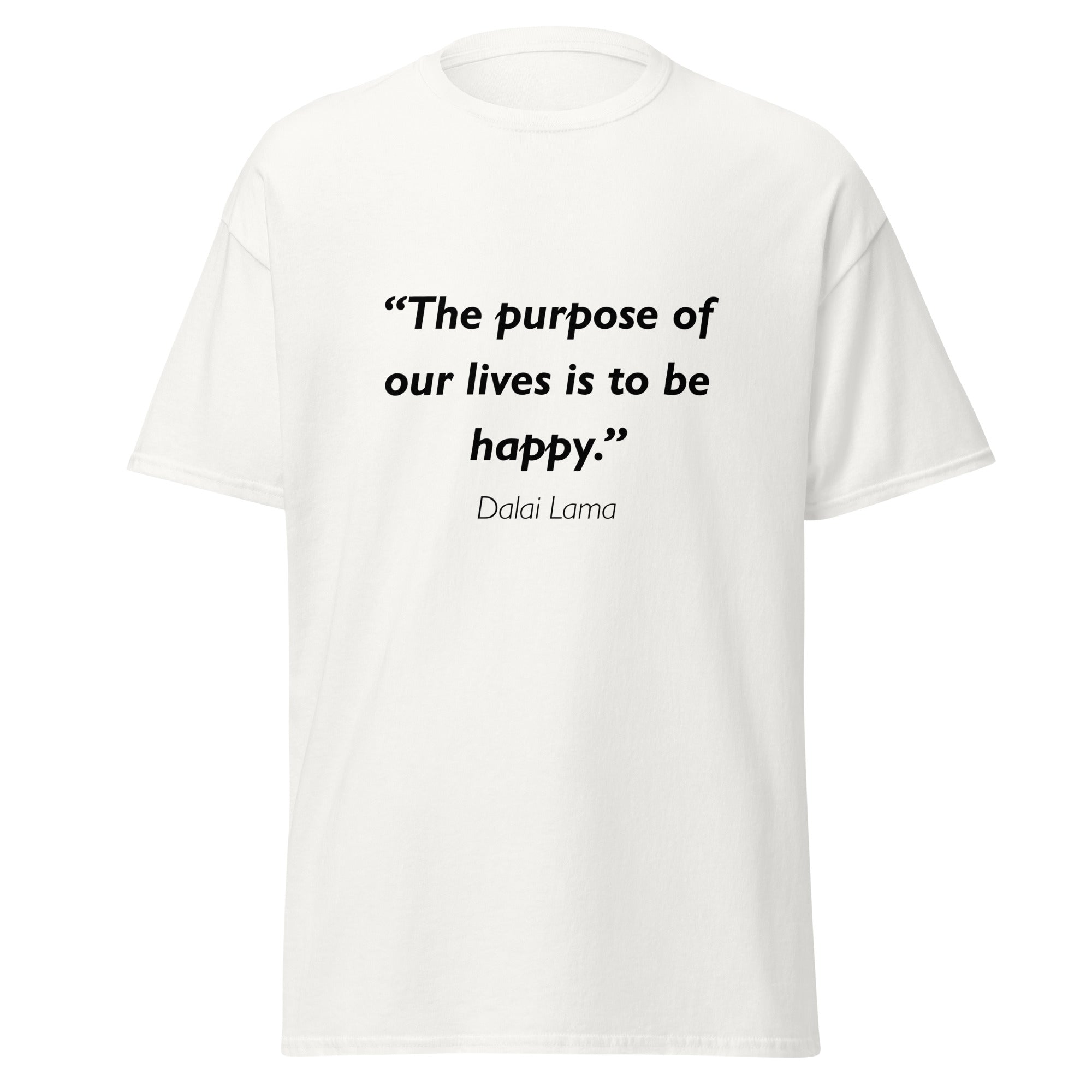 Unisex heather gray t-shirt featuring Dalai Lama Purpose quote typography printed across the front chest
