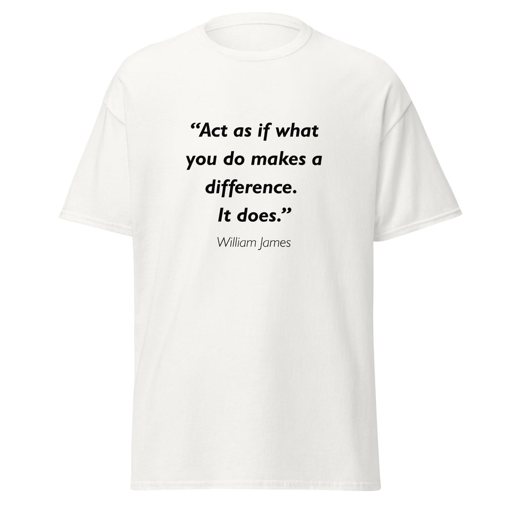 Unisex black t-shirt featuring William James Make a Difference quote typography printed across the front chest