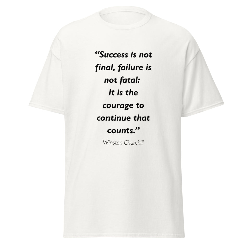Unisex black t-shirt featuring Winston Churchill Success and Failure quote typography printed across the front chest