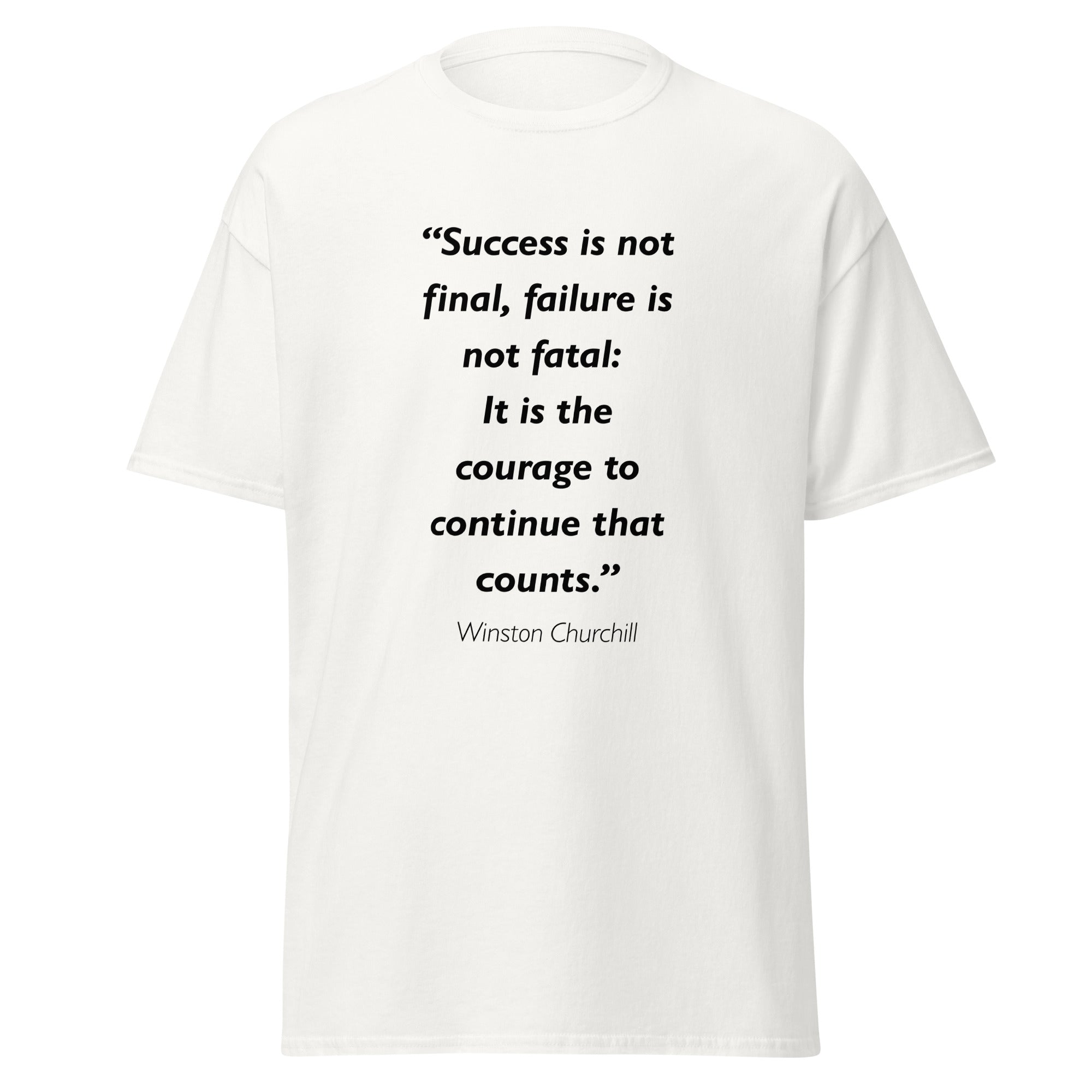Unisex black t-shirt featuring Winston Churchill Success and Failure quote typography printed across the front chest