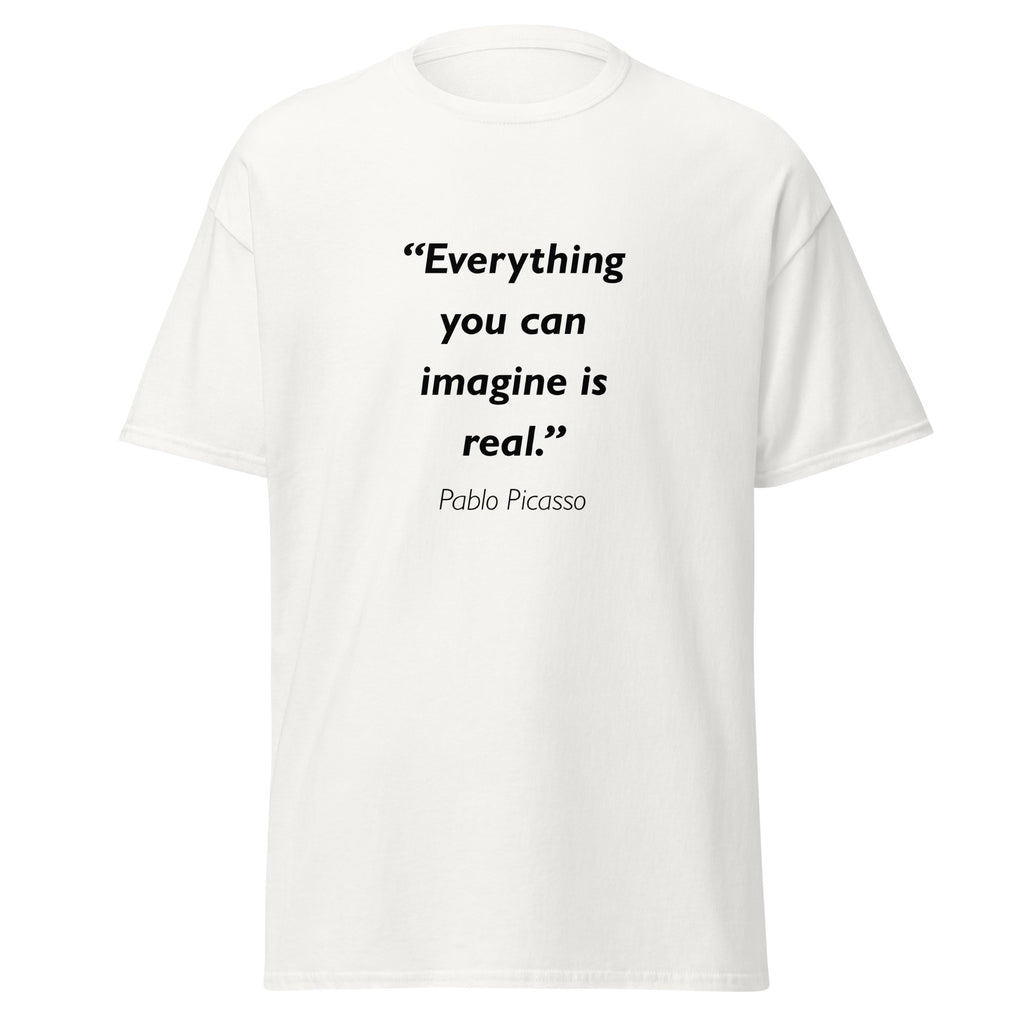Unisex black t-shirt featuring Pablo Picasso Imagine quote typography printed across the front chest