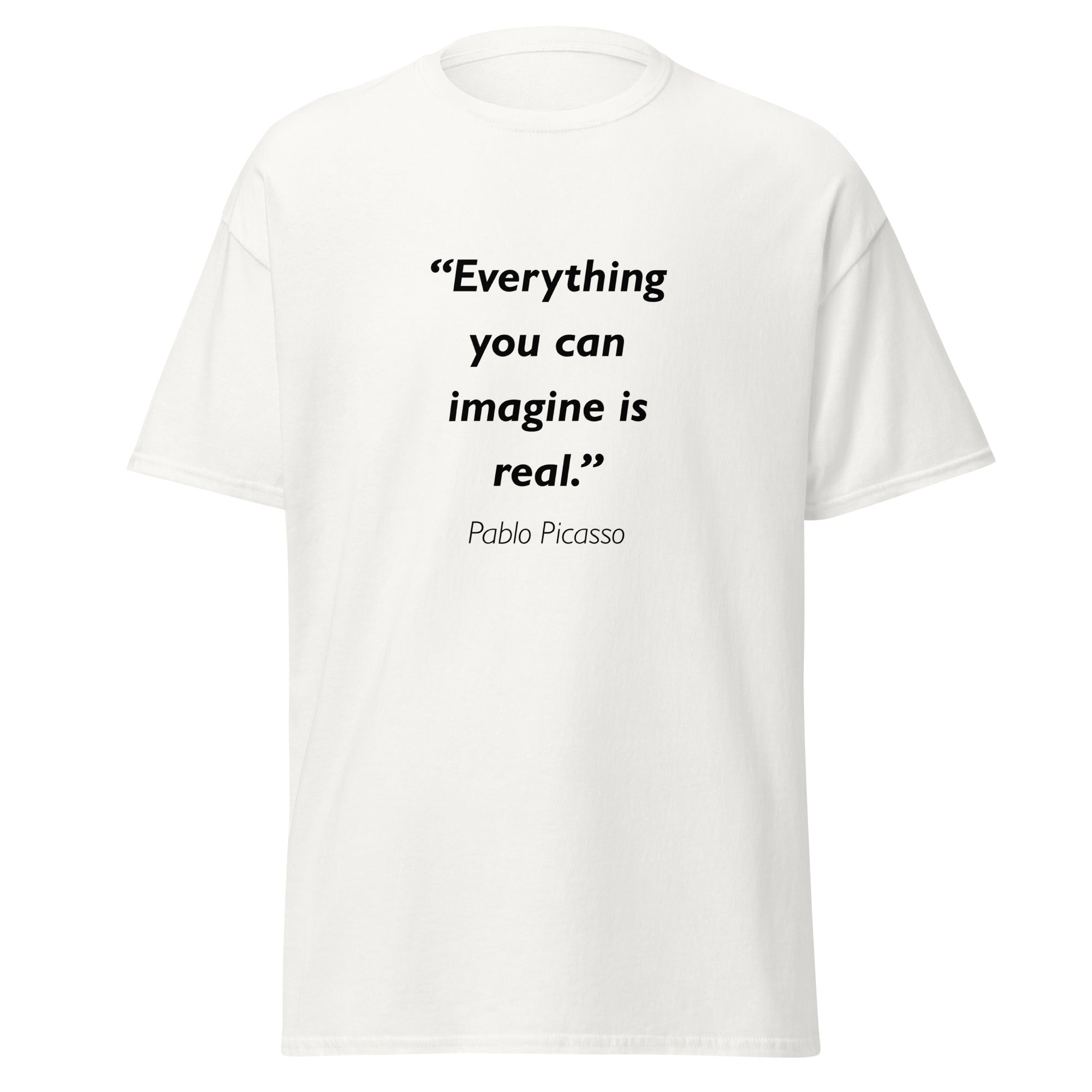 Unisex black t-shirt featuring Pablo Picasso Imagine quote typography printed across the front chest