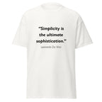 Unisex heather gray t-shirt featuring Leonardo Da Vinci Simplicity quote typography printed across the front chest