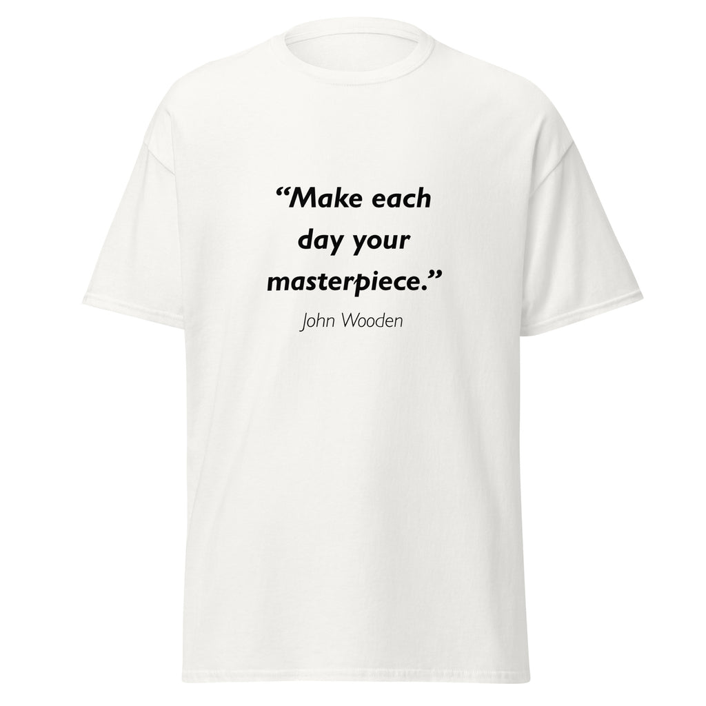 Unisex heather gray t-shirt featuring John Wooden Masterpiece quote typography printed across the front chest